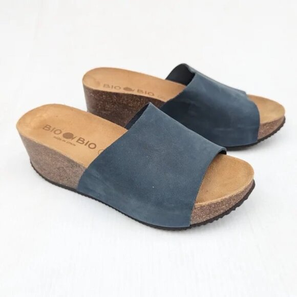 BIO BIO Nubuck Leather Platform Wedge Sandal Blue Made in Spain - Picture 1 of 6